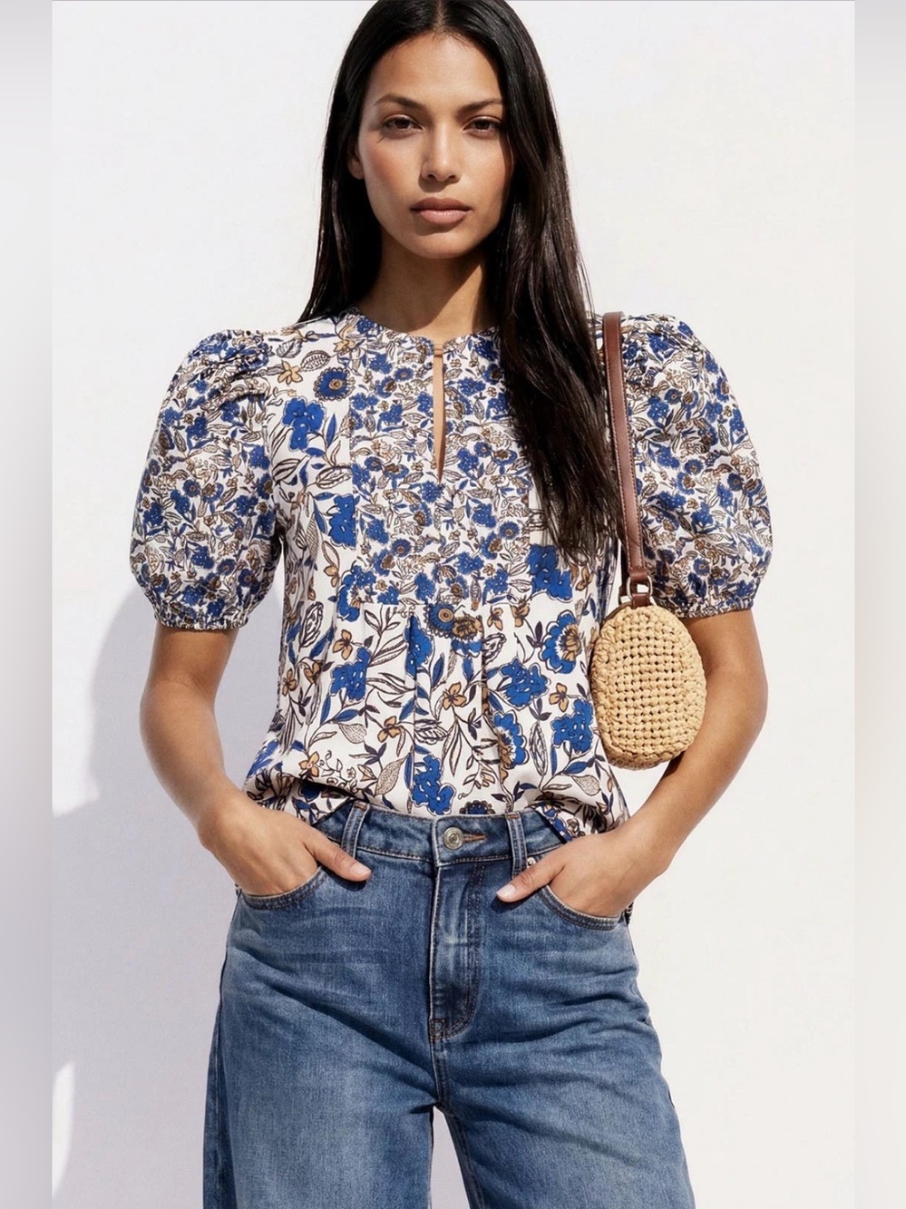 Shoshanna Odelia Blue, White & Brown Floral Top